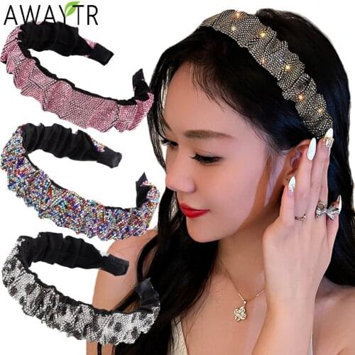 Fashion Colorful Rhinestone Headband Flannel Hairbands For Women Crystal Hair Band Hoop Wide Pleats Headwraps Hair Accessories