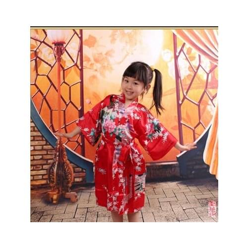 RB009 Peacock Kids Robe Satin Children Kimono Robes Bridesmaid Flower Girl Dress Silk childrens bathrobe Nightgown Kimono robe