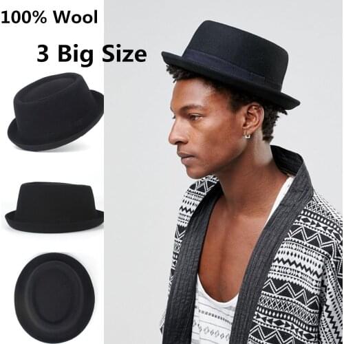 Big Size 100% Wool Men Pork Pie Hat For Dad Black Fedora Hat For Gentleman Flat Bowler Porkpie Top Jazz Hat