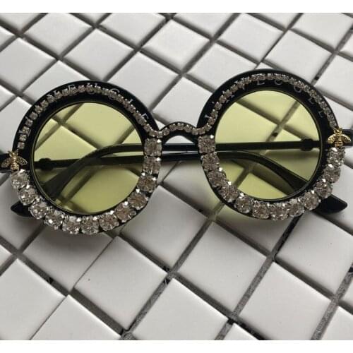 Handmade Sunglasses Black Frame Yellow Night Vision Lens Women Men Sunglasses Diamond Chain DIY Small Round Eyewear UV400