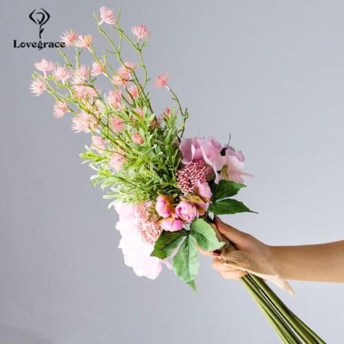 Lovegrace Bride Flower Wedding Long Bouquet Dropshipping Artificial Silk Mini Rose Hydrangea Flower Photography Wedding Bouquet