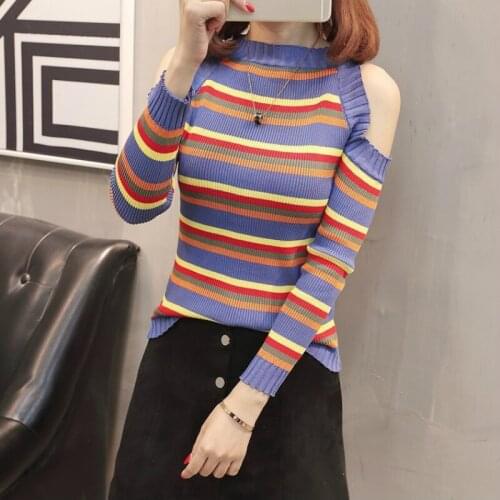 2019 spring new slim stripe off-the-shoulder sweater pullover sweater fashion sexy casual bottoming shirt shirt tide female