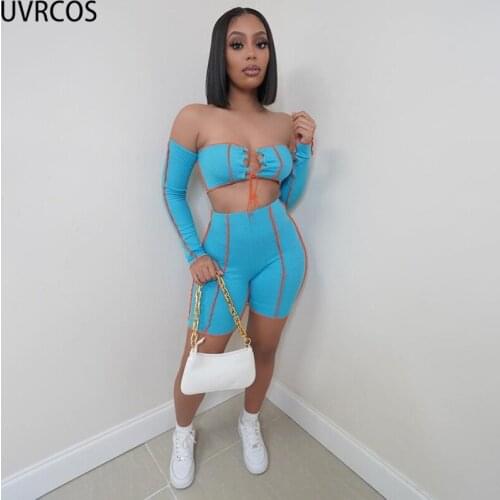 UVRCOS Off Shoulder Sexy Top+Biker Shorts Matching Sets Stitching Contrast Stripes 2021 New Summer Stylish Woman Clothes Outfits