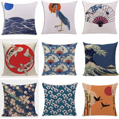 Vintage Decorative Cushion Cover Japanese Style One-side Printing Throw Pillows Home Decor Crane Sakura Cushions funda cojin