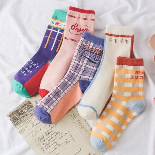 Japanese Cute Literary Artistic Striped Socks Women Cotton Letter Casual Flowers Sox Plaid Wild Girls Sweet Classic Funny Socks