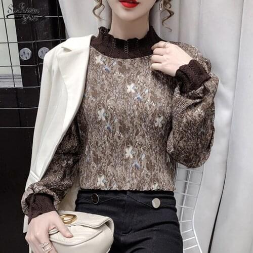 Korean New Pleated Print Vintage Blouses Women Floral Casual Puff Sleeve Shirt Women Stand Collar Pullover Women Top Mujer 12264