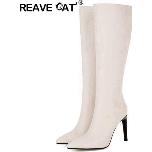 Reave Cat Sexy Women Luxury Modern Knee High Boots PU Leather Zipper Pointed Toe Stileeto Heel Ladies Party Size 33-45 S2482