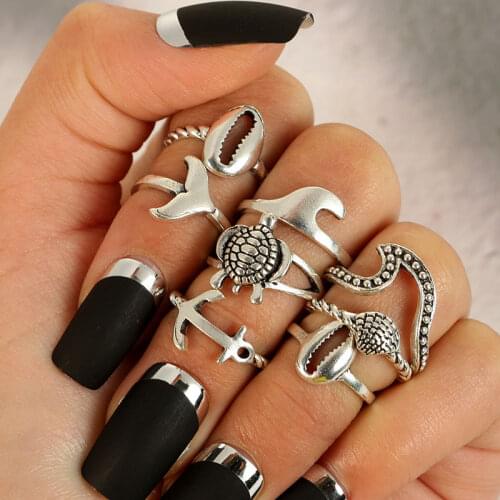 8PCS/SET Retro Fashion Turtle Shell Shark Knuckle Rings For Women Vintage Jewelry Silver Color Metal Punk Rings Set