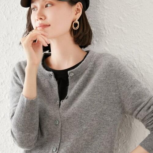 100% Pure Wool Cardigan Womens Knitted Bottoming Shirt Coat Round Neck Autumn and Winter 2021 New Outer Cashmere Sweater Female