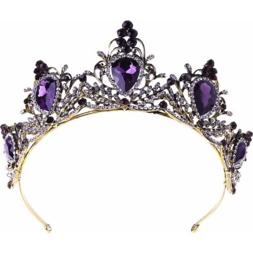 ANGELADY Purple Vintage Crown Bride Wedding Bridal Tiara Headband Hoop Rhinestone Stone Luxury Charms Hair Jewelry Headdress