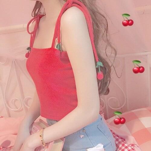 New Gothic Punk Cherry Backless Casual Hot Girl Top Streetwear Summer Sexy Women Red Slim Sweet Sling Vest