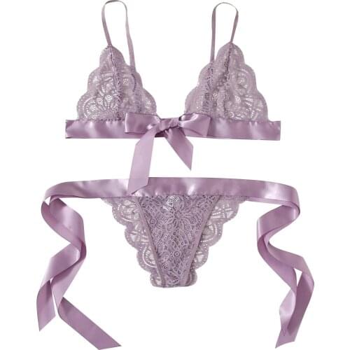 Women Sexy Solid Color Lace Hollow Out Bowknot Bandage Scalloped Trim Bra Thong Lingerie Set Bodysuit Erotic Underwear