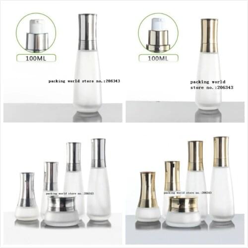 100ml frosted glass bottle with silver/gold pump lid for lotion/emulsion/serum/toner/foundation skin care cosmetic packing