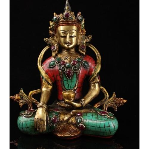 8"Nepal Buddhism Old Bronze Gem Painted outline in gold Sakyamuni Medicine Buddha Sitting Buddha Enshrine the Buddha