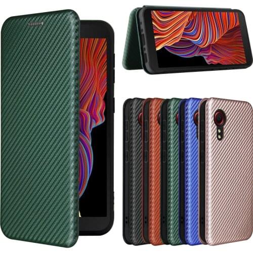 Synthetic Fiber Leather Case for Samsung Galaxy Xcover 5 5.3" Carbon Fiber Flip Cover For Samsung Xcover5 Wallet Book Cases+Ring