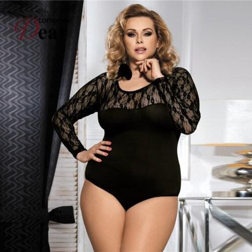 Comeondear Sexy Teddies Women Jumpsuit Lace Teddy Hollow Out Summer With Long Sleeve Female Erotic Bodysuits Plus Size RA80372
