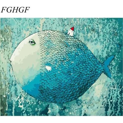 FGHGF Frameless pictures Digital Blue Fish oil painting decorative pictures hand painted canvas painting by numbers