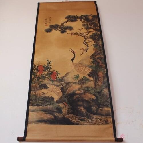 Collection China Celebrity Hand Painting Pine Crane Calligraphy & Painting Scroll