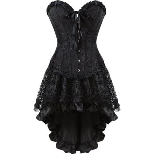 Overbust corset dress plus size burlesque costumes floral lace push up bustier corset with skirt tutu set fashion sexy party