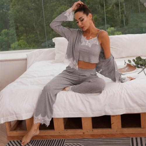 Lace Pajamas Set Women 3PC Set Sleepwear Sleep Suit Spring Autumn Pyjamas Home Wear Nightwear Tops Pants Set Cardigan Set