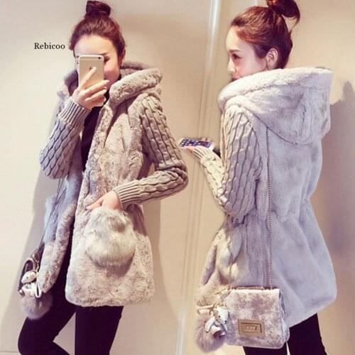 Autumn winter new classic fashion knitted rabbit fur jackets patch faux fur thickening hooded jacket female outerwear