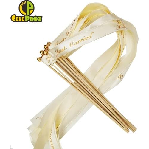 50Pcs Ivory White Wedding Ribbon Wands Just Married Printed Twirling Streamer Wedding Photo Props Wedding Ribbon Stick With Bell