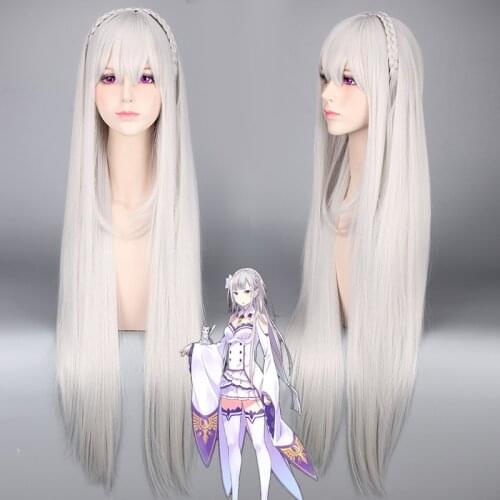 Re:Life in a different world from zero Emilia Cosplay Wig Anime Costume Silver White Long Straight Synthetic Hair Party Wigs