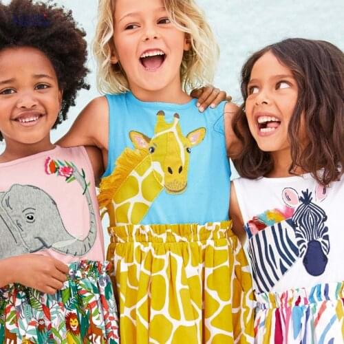 2-8 Y Baby Girls Vest Dresses 2021 New Summer Baby Cartoon Giraffe Dress Casual Cute Splicing Print Sleeveless Dress For Girls