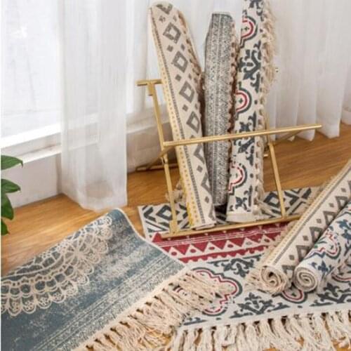 Retro Bohemian Hand Woven Cotton Linen Carpet Tassel Bedside Rug Geometric Floor Mat Living Room Bedroom Home Decoration