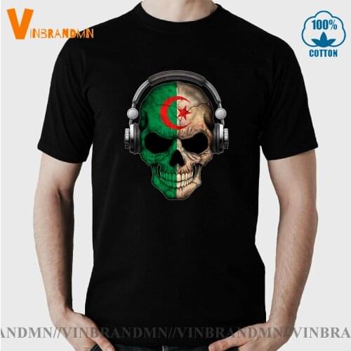 Dark Skull Deejay with Algerian Flag T shirt men Algerian DJ Skeleton T-shirt Algeria Map Tee shirt Patriotic Country Lover Tee