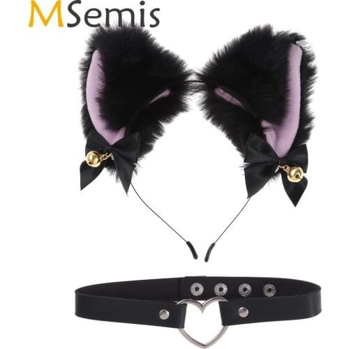 Women Sexy Cosplay Plush Cat Ears Hair Hoop with PU Leather Slave Collar Adult Couple Games Sex Toys Restraints Sexual Accessory