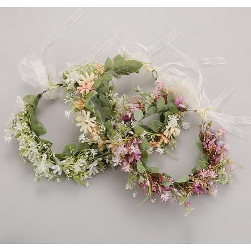 Women Garland Headpiece Vintage Flower Headband Wreath Hairband Party Girl Hair Accessories Crown with Ribbon
