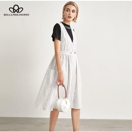 Bella Philosophy Summer Linen Women Dress Striped White Long Cotton Dress Sleeveless Female V Neck Button Sundress