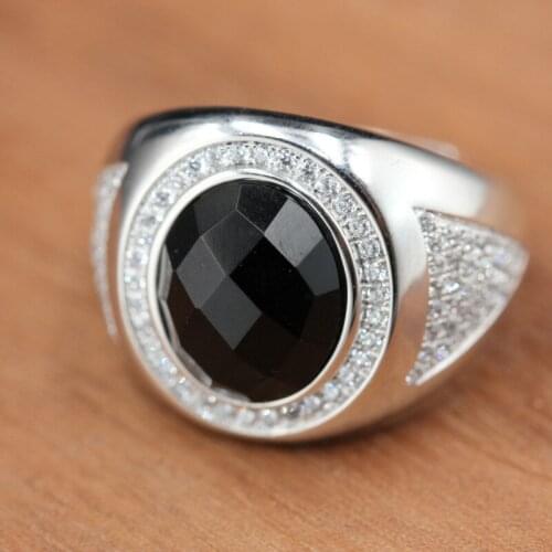 100%S925 silver ring mens fashion atmosphere black agate inlaid silver ring zircon micro-inlay mens ring free shipping