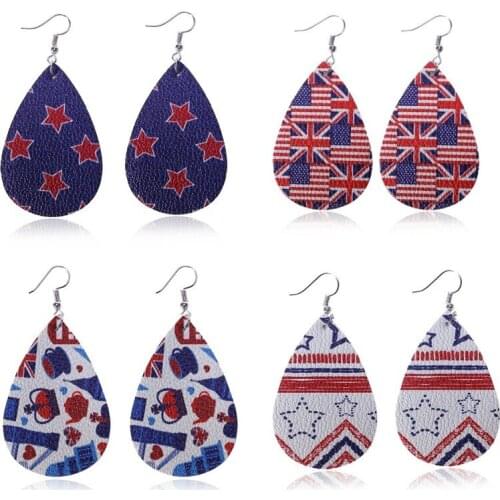 2021 Wholesale Double-sided Printed Flag Five-pointed Star Pattern Leather Earrings Pu Leather Earrings for National Day