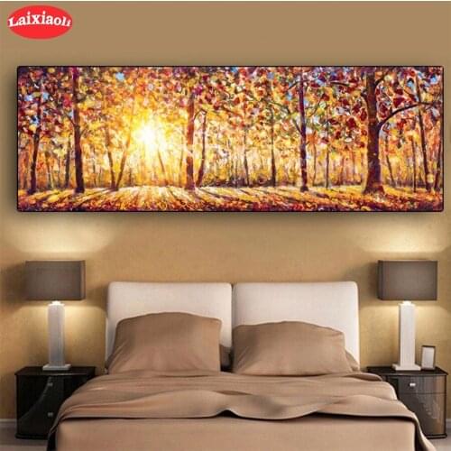 Diamond Painting Abstract art, sunset forest tree Full Drill Square DIY Diamond Embroidery Cross Stitch Mosaic round Home Decor