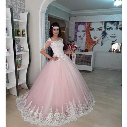 ANGELSBRIDEP Half Sleeves Pink Wedding Dresses Robe de mariee Fashion Applique Court Train Formal Bridal Gown Bride Dresses Hot