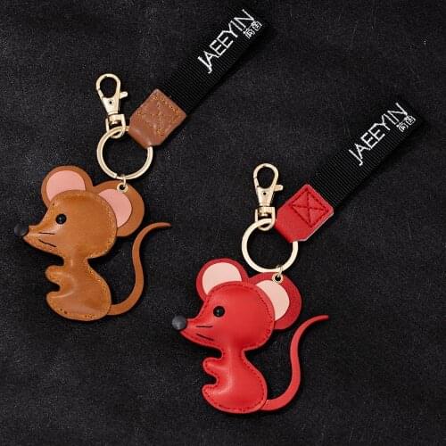 Jaeeyin 2020 New Arrivals Delicate Hand-made Mouse Animals Charm Genuine Red Leather Key Chain Keychain Cute Gift For Children