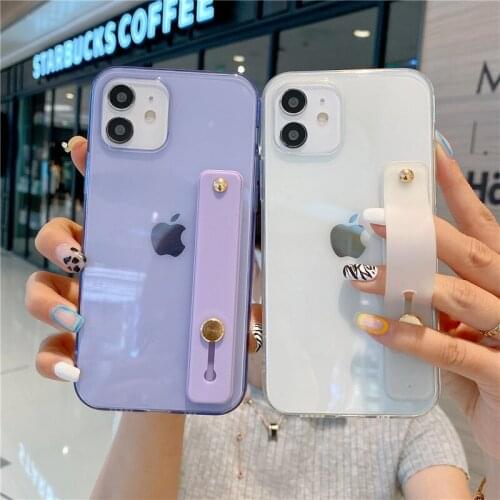 Candy Color Wrist Strap Clear Phone Case For iPhone 11 12 Pro Max X XR XS Max 7 8 6S Plus SE 2020 Mini Kickstand Soft Back Cover