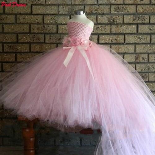 POSH DREAM Pink Flower Girls Wedding Dress with Long Train Flower Belt Kids Birthday Party Tutu Dresses Kids Girls Clothes
