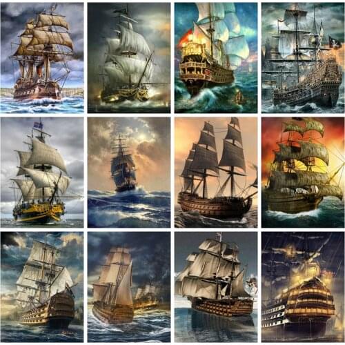 Huacan Full Square Diamond Painting Ship Cross Stitch Sea Diamond Embroidery Sailboat Decoration For Home Wall Sickers