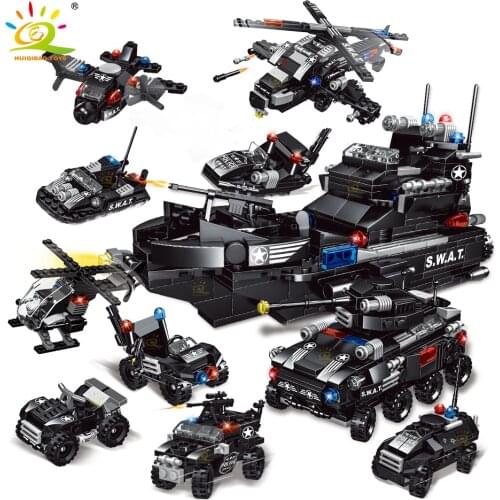 HUIQIBAO 597PCS City Super Police Truck Building Blocks Military Car SWAT Team Aircraft Plane Forces Figures Bricks Toys Child