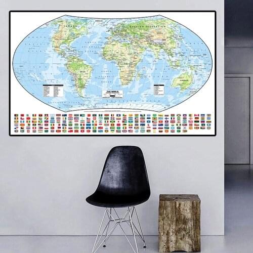The World Hammer Projection Map With National Flags Non-woven Foldable World Map For Geographic Research