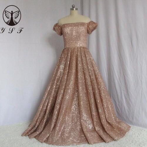 New Arrival Rose Golden Strapless Short Puffy Sleeve Pleated A Line Floor Length Designer Prom Dresses
