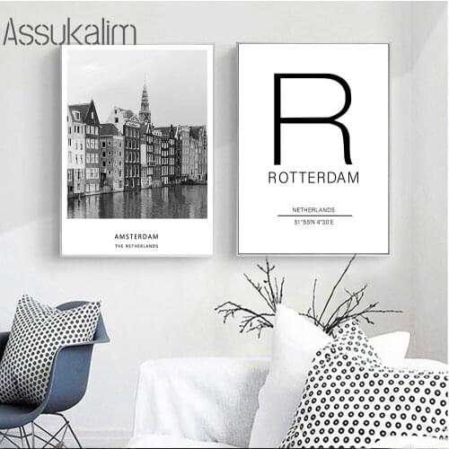 Amsterdam City Building Print Rotterdam Latitude And Longitude Posters Black White Poster Quotes Pictures Modern Wall Decoration