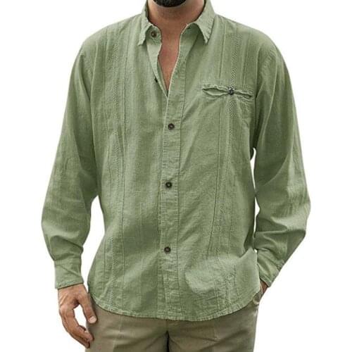 Men Casual Solid Color Long Sleeve Turn Down Collar Button Cotton Linen Shirt Top