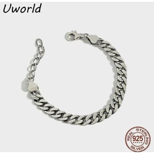 S925 sterling silver Link chain flattened chain distressed heavy industry personality exaggerated silver cuban chain bracelet
