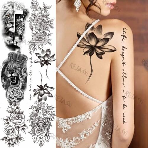Sexy Black Lotus Letters Temporary Tattoos For Women Men Lion Tortoise Flower Cross Realistic Fake Tattoo Sticker Arm Tatoos