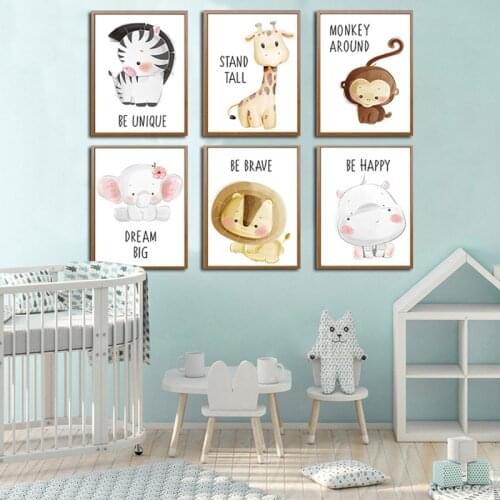 Nordic Cartoon Poster Animal Lion Elephant Wall Painting Cute Canvas Pictures Kids Room Nursery Modern Home Decoration No Frame