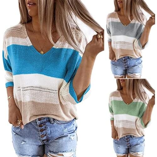 Women Casual Long Sleeve Stripes Color Block Hollow Out Knitwear Blouse Sweater